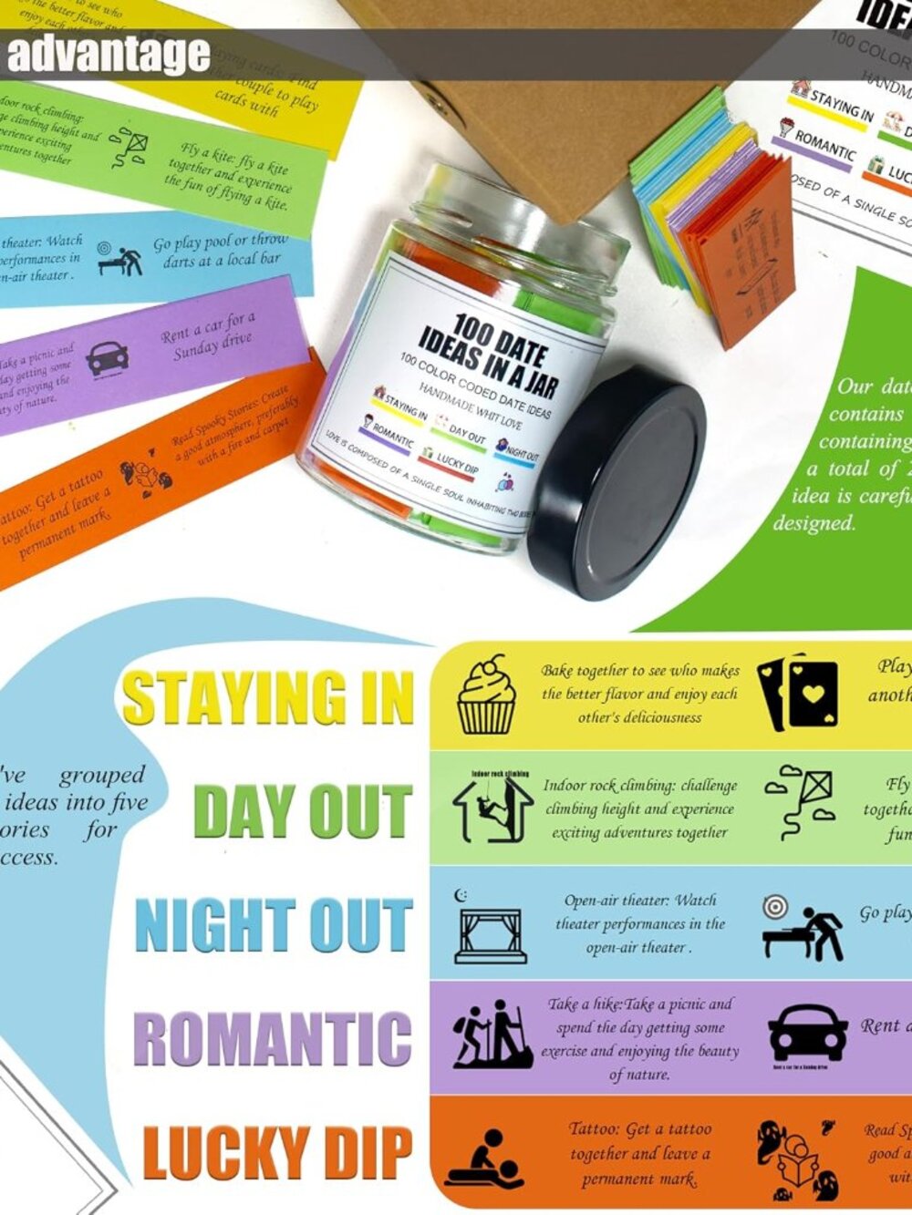 200 Date Ideas In A Jar,Date Night Ideas,Date Night games,Valentines Day Gifts F - Picture 4 of 6
